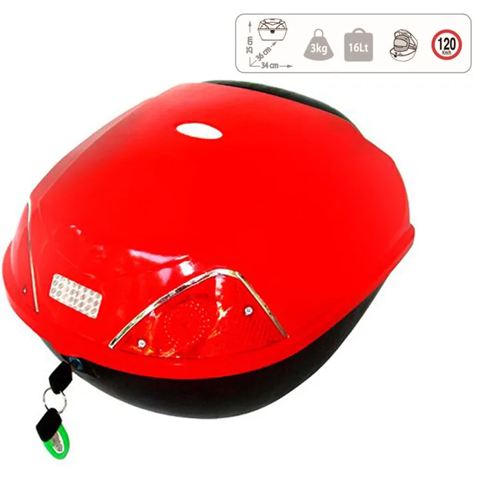 BAUL PORTA OBJETOS 36X34X25 16 LITROS ROJO P/ MOTO Y BICIC Con doble ojo de gato