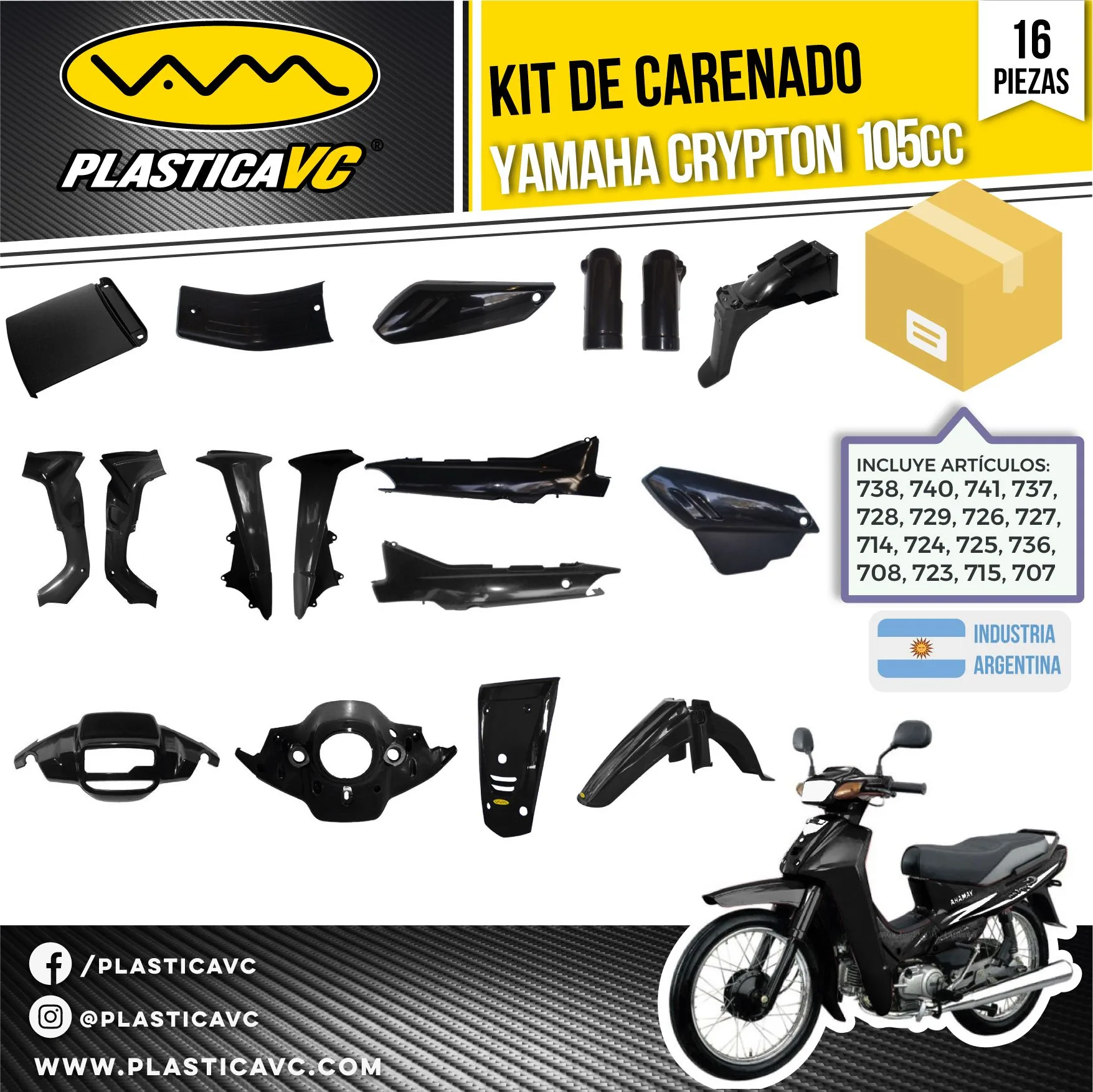KIT CARENADO YAMAHA CRYPTON 105cc Negro 16 Piezas