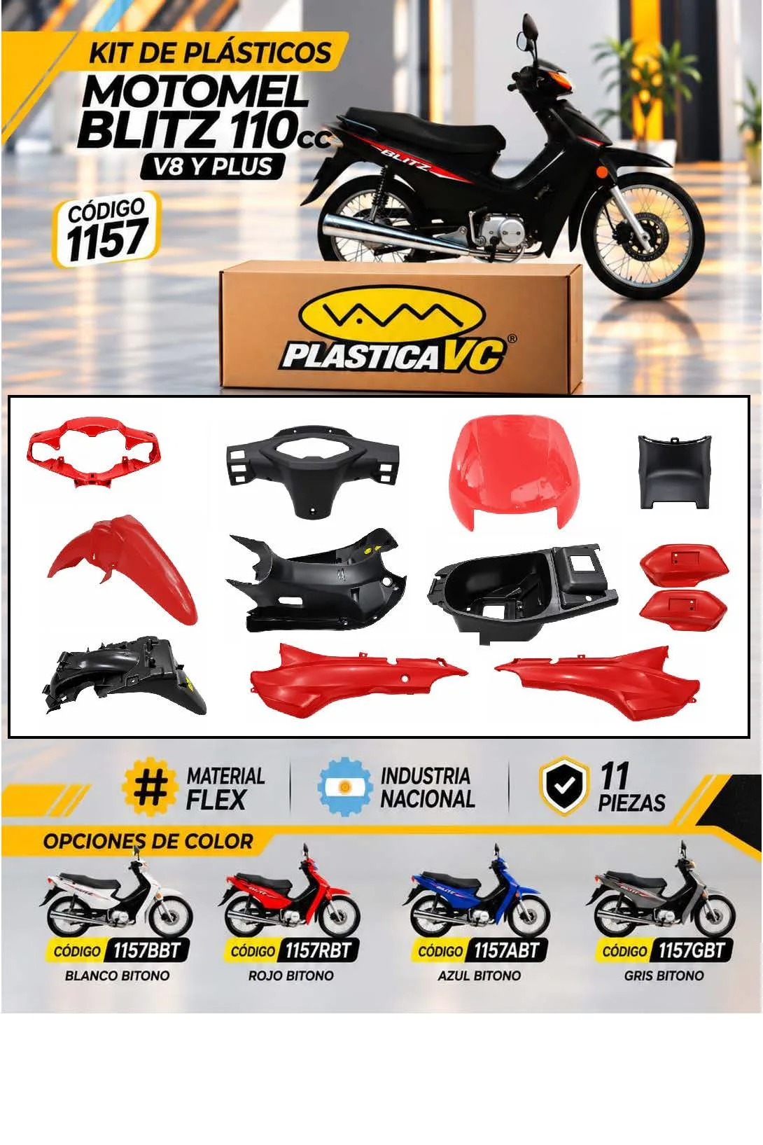 KIT CARENADO MOTOMEL BLITZ 110 MODELO NUEVO V8 / PLUS ROJO/N