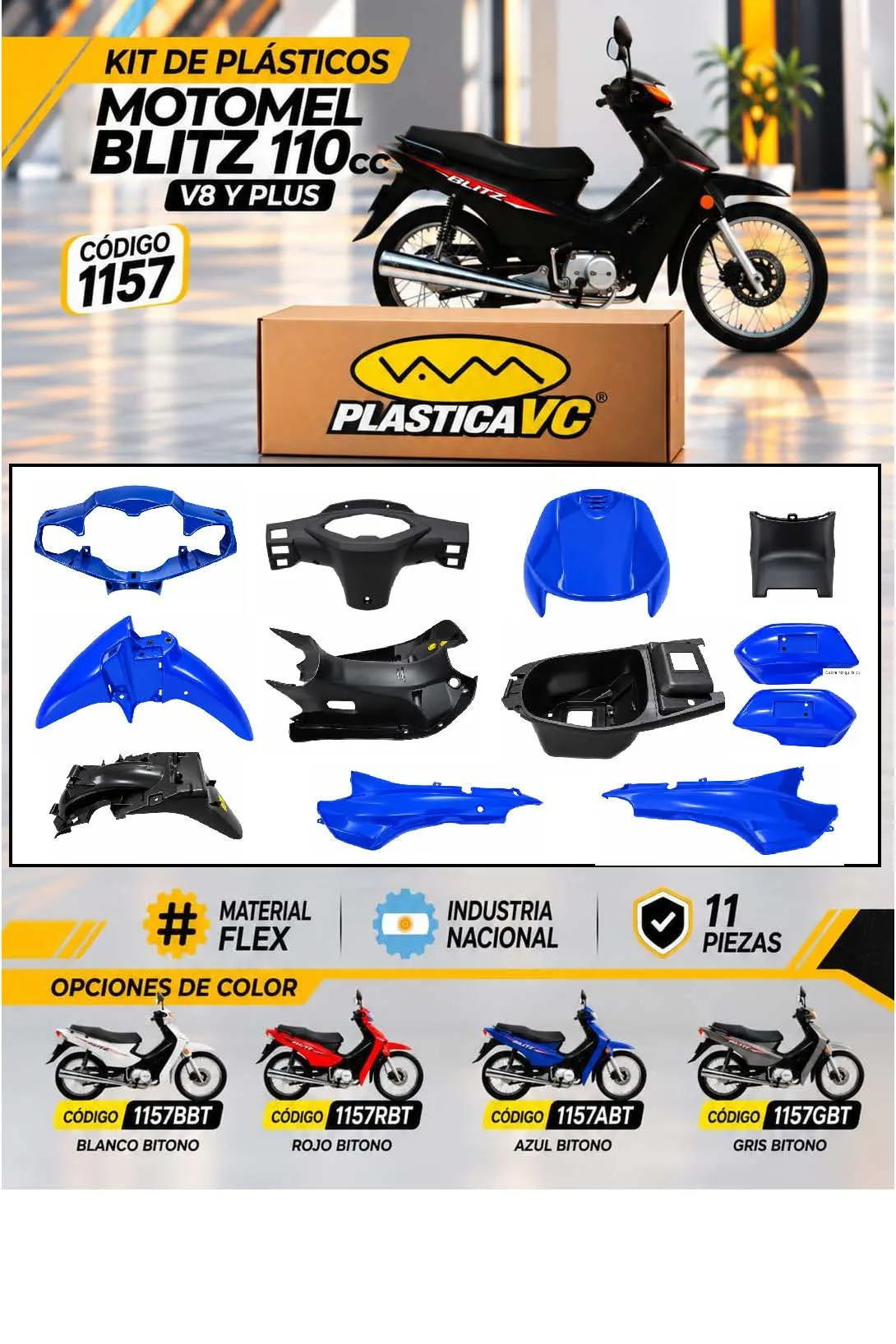 KIT CARENADO MOTOMEL BLITZ 110 MODELO NUEVO V8 / PLUS AZUL/N